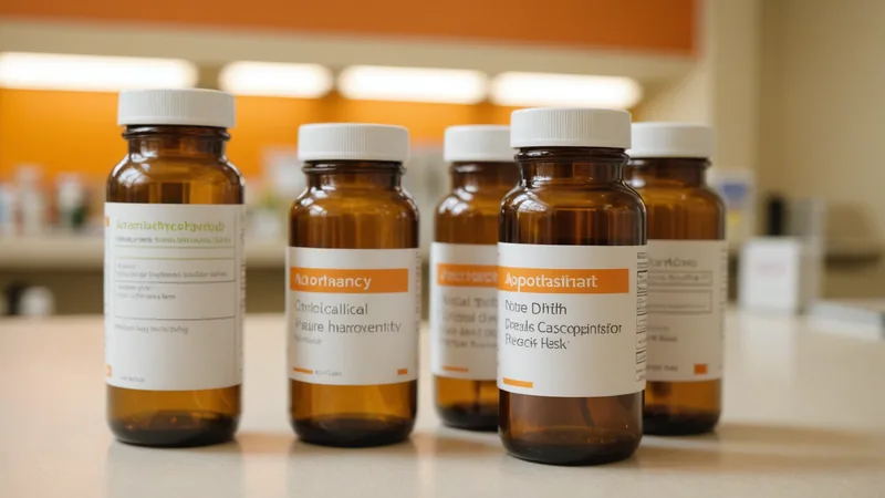 Prescription medication bottles on a pharmacy counter representing refill gap risk