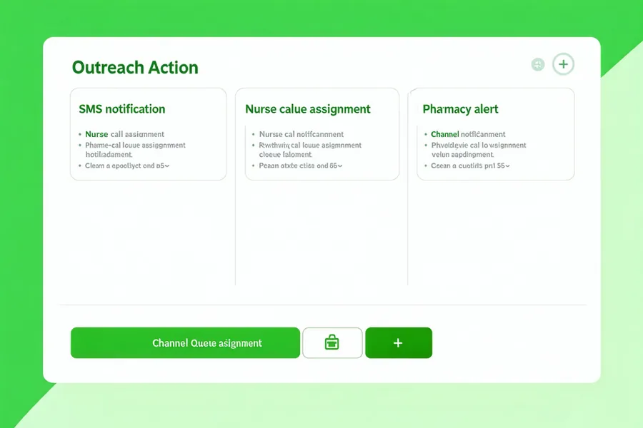 Outreach channel selector interface showing SMS, nurse call queue, and pharmacy alert options for a patient