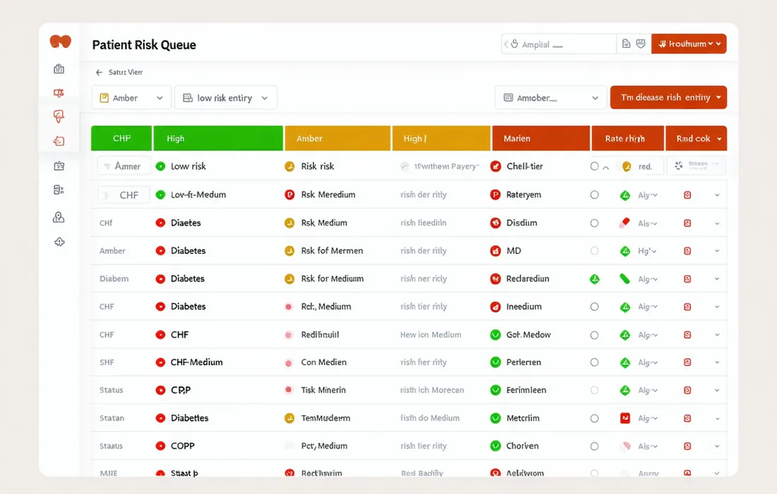 Patientrig patient risk queue interface showing chronic disease patient list with risk tier indicators
